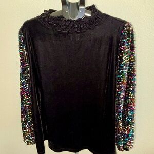 Elegant Black Velvet Top with Multicolor Sequin Sleeves